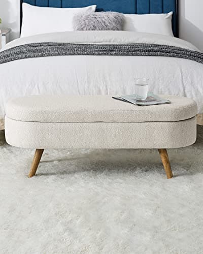 ECLYL Oval Storage Bench 43.5" Linen Fabric Upholstered Entryway Bench with Solid Wood Legs Ottoman Bench Indoor Bench for Living Room/Bedroom/End of Bed/Entryway (Beige) 7