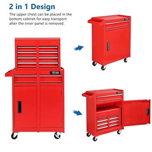 TUFFIOM 5-Drawer Rolling Tool Chest, Tool Storage Cabinet w/Drawers, Lockable Wheels, Detachable Top & Adjustable Shelf, Mechanic Tool Organizer Box for Garage, Workshop, Warehouse & Repair Shop 5