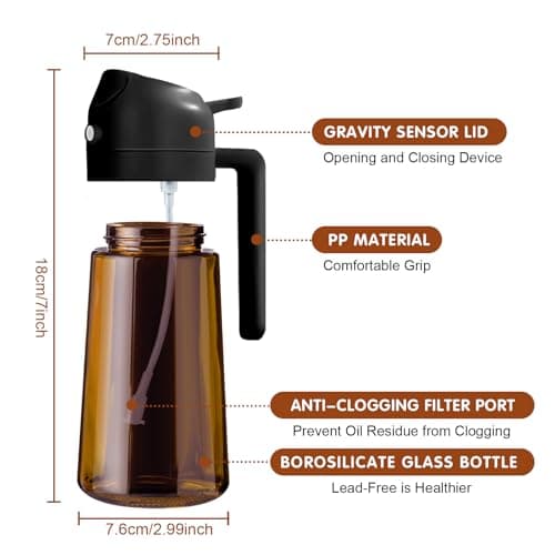YARRAMATE 16oz/470ml Light Blocking Oil Sprayer for Cooking with Stickers, Food-Grade 2 in 1 Olive Oil Dispenser Bottle for Kitchen, Premium Dark Amber Glass Oil Bottle for Air Fryer, BBQ (Black) 7