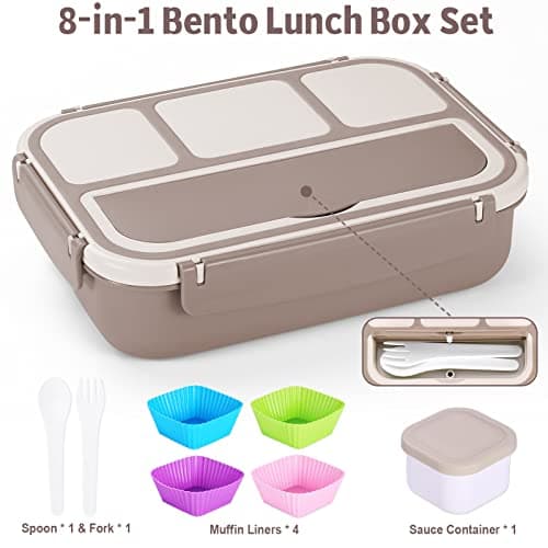 Bento Box Adult Lunch Box, Containers for Adults Men Women with 4 Compartments, Lunchable Food Container with Utensils, Sauce Jar, Muffin Liners, 40 Oz/5 Cup, Microwave & Dishwasher Safe, Brown 5
