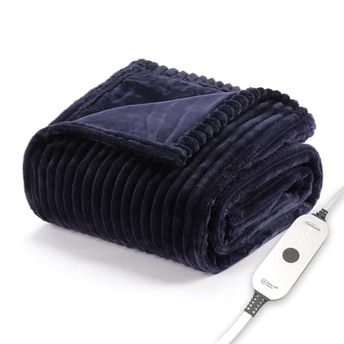 Sunbeam Royal Posh Velvet Heated Throw Electric Blanket, 50" x 60", 4 Heat Settings, 4-Hour Auto Shut-Off, Warming Throw for Couch, Fast Heating, Machine Washable, Warm and Cozy, Ribbed Admiral Blue