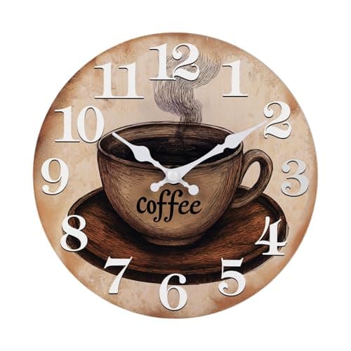 Keepcross Kitchen Wall Clock Coffee Cup Theme Rustic Modern Farmhouse Decor Glass Clock for Kitchen, Coffee Bar, Cafe - 8 Inch, Brown