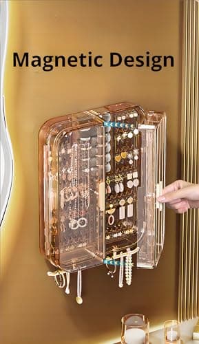 Wall Mounted Jewelry Organizer Cabinet- No Punching Foldable 4- Compartment Jewelry Hanging Organizer for Necklaces, Rings, Bracelets | Jewelry Earring Holder Storage Box for Women & Girls (Rose Gold) 4