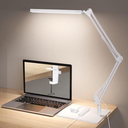 TROPICALTREE LED Desk Lamp for Home Office and Round Base, Clamp-On with 5 Light Modes & Auto Shut Off | 14W Adjustable Brightness 5000K Eye-Caring Lighting for Study/Bedroom/Computer Desk | White
