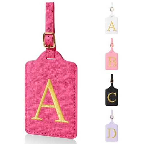 Personalized Initial Luggage Tags for Suitcases,Leather Letter Cute Luggage Tags with Privacy Name Card,Embroidered Monogrammed Travel Bag Backpack Tag Gifts for Women Kids Girls Teens(Rosered-A)