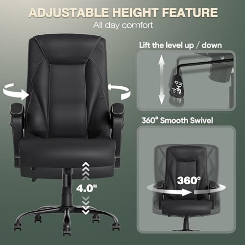 ELABEST Ergonomic Big and Tall Leather Office Chair, Comfortable Executive High Back Computer Desk Chair, Modern and Comfy With Padded Armrests, Black 8