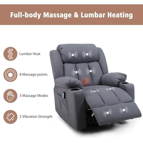 Ketaiyou Rocker Swivel Recliner Chair for Adults, Overstuffed Large Manual Recliner Glider with Massage and Heat, Comfy Soft Fabric Living Room Reclining Sofa Chair (Technical Grey) 5