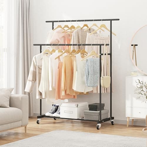 Calmootey Double Rod Clothing Garment Rack,Rolling Hanging Clothes Rack,Portable Clothes Organizer for Bedroom,Living Room,Clothing Store,Black 5