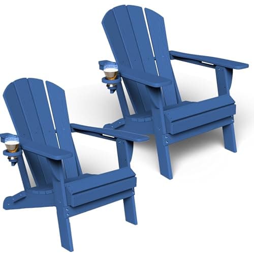 GLANC Folding Adirondack Chair Set of 2, HDPE All-Weather Outdoor Patio Fire Pit Chairs Lawn Chair for Poolside Backyard Deck Balcony, Wooden Textured with Cup Holder, 380LBS Capacity (Navy Blue)