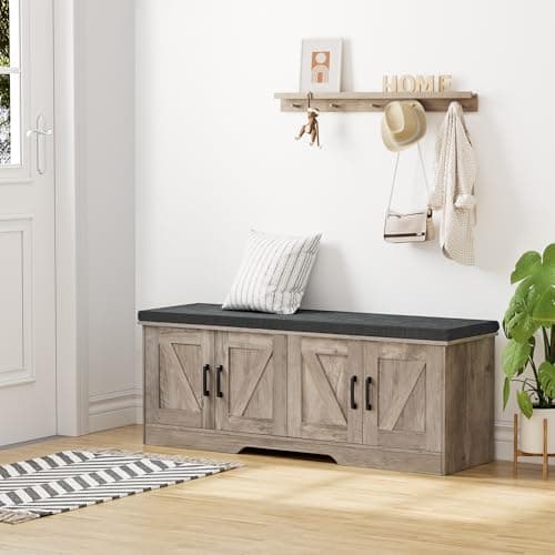 HOMSHO 2-Tier Storage Bench, 47.2" Wide Shoe Bench with Padded Seat Cushion, Entryway Bench with 4 Barn Doors and Adjustable Shelf, Greige 7