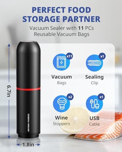 AIRMSEN Handheld Vacuum Sealer with 11 PCS Reusable Sous Vide Bags and 2 PCS Vacuum Wine Sealer, Compact Vacuum Sealer Machine for Food Storage 7