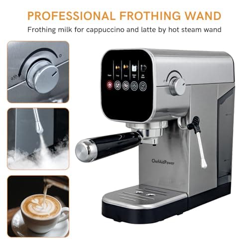 ChefAidPower Espresso Machine, 20 Bar, Milk Frother, 30oz Water Tank, Touchscreen, Stainless Steel 4