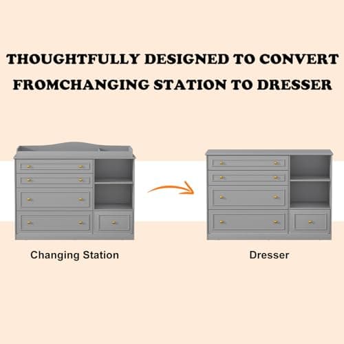 St.Mandyu Grey Changing Table Dresser, Baby Nursery Dresser, Baby Diaper Changing Table, 5 Drawers, Adjustable Shelves, Metal Handle, Curved Wrapping Design, Grey 8