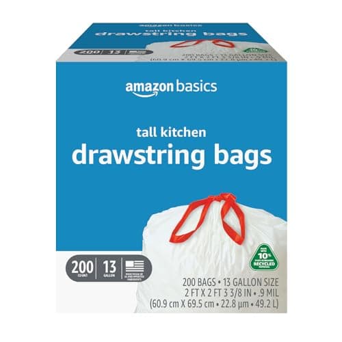 Amazon Basics 13 Gallon Tall Kitchen Drawstring Trash Bags, White with Red Drawstring, 10% Post Consumer Recycled, 200 Count
