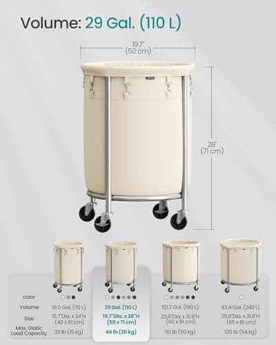 SONGMICS 29-Gallon (110 L) Laundry Basket with Wheels, Rolling Round Heavy-Duty Laundry Hamper Cart with Steel Frame and Removable Bag, 2 Locking Wheels, Cream White and Metallic Silver URLS002W01 6