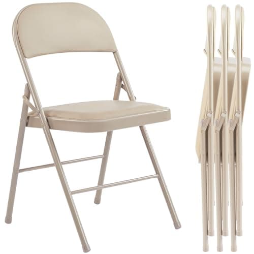 Sweetcrispy Folding Chair 4 Pack, Leather Padded Folding Chairs, Sturdy Metal Foldable Chairs, Easy to Use and Store, Outdoor and Indoor, for Home, Office, Party, Comfy, Kahki(5H98TJNL)