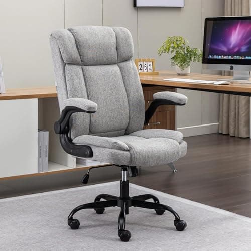BRTHORY Office Chair High Back Ergonomic Executive Computer Desk Chair Comfortable Fabric Padded Home Office Desk Chairs with Flip-up Arm Rest Adjustable Height Swivel Wheels (Grey)