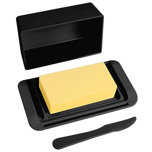 Bamboo Butter Dish with Lid,Knife,Large Butter Keeper for Countertop and Fridge,Holder Container for 2 Sticks East Coast/West Coast/European Style/Kerrygold Butter,Dishwasher Safe,Black 8