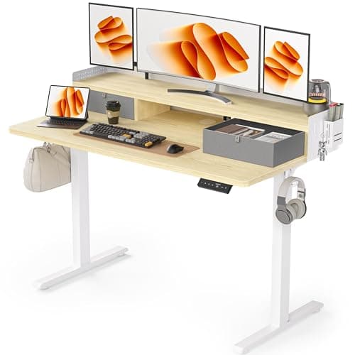 WALKINGDESK 48x24 Inches Electric Standing Desk with 2 Drawers, Height Adjustable Stand up Desk for Home Office, Ergonomic Sit to Stand Table with Storage Shelf, DIY Board, Hooks, Oak