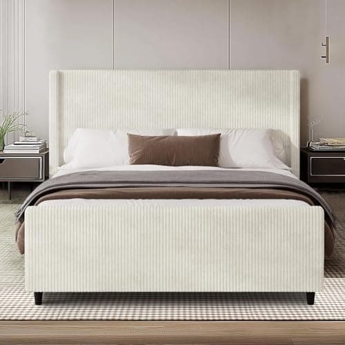Nonlita Queen Size Corduroy Upholstered Platform Bed Frame with Tufted Headboard and Footboard, No Box Spring Required, Easy to Assemble (Cream, Queen) 3