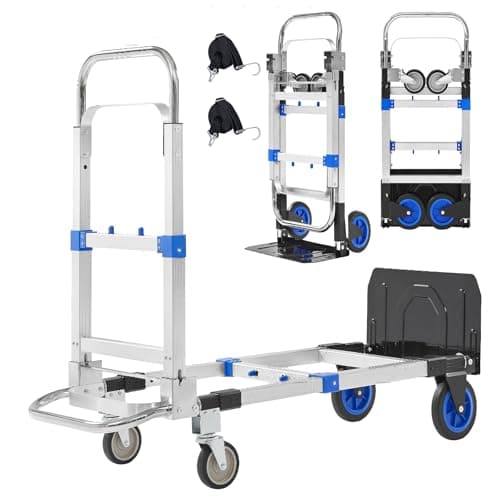 Upgraded 3 in 1 Aluminum Folding Hand Truck, 600lbs Capacity, Heavy Duty Convertible Dolly with Retractable Handle and 4 Rubber Wheels, Collapsible Cart for Moving Home, Office, Warehouse (Blue)