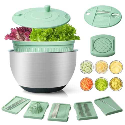 4.25 Qt Stainless Steel Salad Spinner Large, Salad Wash Bowl, Fruit & Vegetable Dryer, with 5-Blade Slicer, Egg Yolk Strainer and Shredder for Efficient Salad Preparation and Food Washing
