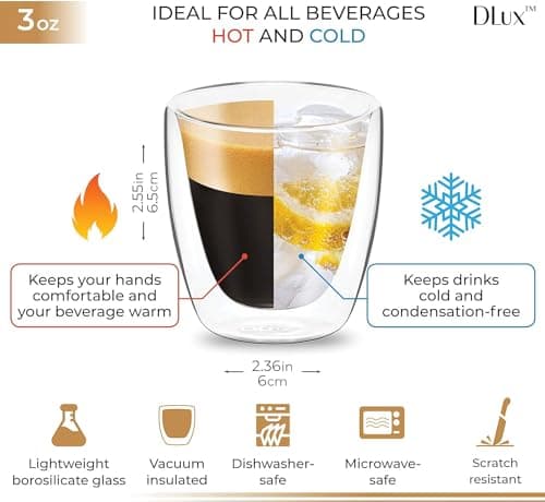 DLux Espresso Coffee Cups 3oz, Double Wall, Clear Glass Set of 2 Glasses, Insulated Borosilicate Glassware Tea Cup Mug 5