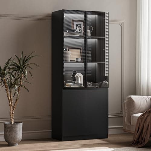 MAISONARIA Display Cabinet with Glass Doors & Lights, Curio with 2 Shelves, Glass Display Cabinet for Living Room, Home Office, Black