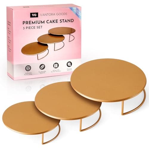 VANTORA GOODS 3-PCS Gold Cake Stand Set (8"/10"/12" Plate) for 6-10 Inch Cakes, Nesting Metal Dessert Table Display Set for Wedding, Birthday, Baby Shower, Anniversary & Parties, Cupcake & Cake Stands