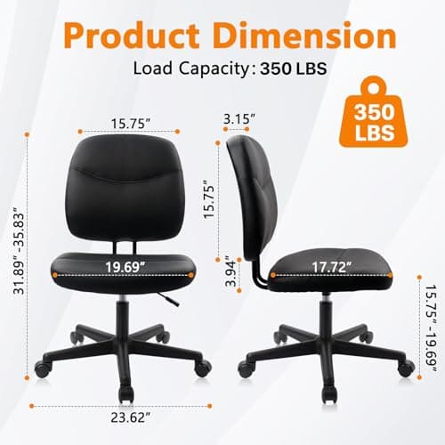 CLATINA Armless Home Office Chair, Small PU Leather Ergonomic Low Back Desk Chair with Lumbar Support and Wheels, Adjustable Height 360° Swivel Rolling Computer Task Chair, Black 2