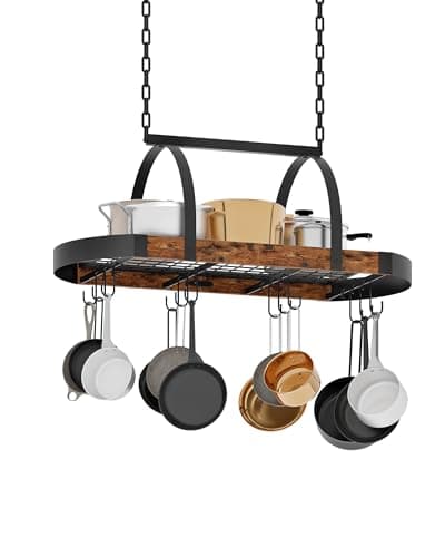 CHOEZON Hanging Pot Rack, Pot Hanger for Kitchen, Ceiling Mounted Pot Holder, Cookware Organizer with 12 S-Shaped Hooks, for Pot, Pan Storage, Space-Saving, Rustic Brown and Black TPR08BFC1 8