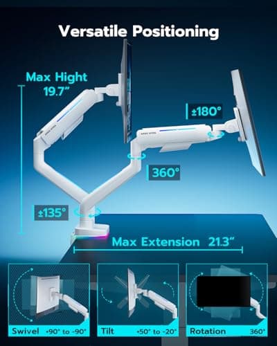 ARES WING Dual Monitor Mount for 17-35 Inch Ultrawide Heavy Duty Curved Screen, Computer Monitor Arm Desk Mount, Gas Spring Adjustable Dual Monitor Stand for Desk, White 6