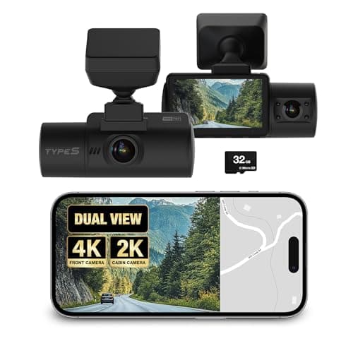 Type S S402 PRO 2-Channel Dash Cam with IR | 4K Front & 2K Cabin View | Optional 1080p Rear Camera | Enhanced Night Vision | Secure Mount | 24-Hr Surveillance | Wi-Fi & App Connectivity