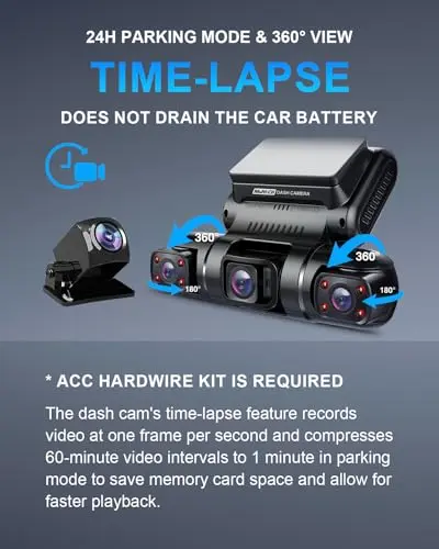 PRUVEEO 360° 4 Channel Dash Cam Front and Rear Inside Left Right, Dash Camera for Cars, Built-in GPS WiFi Night Vision, 24/7 Recording Parking Mode Monitor, 128G Card Included 5