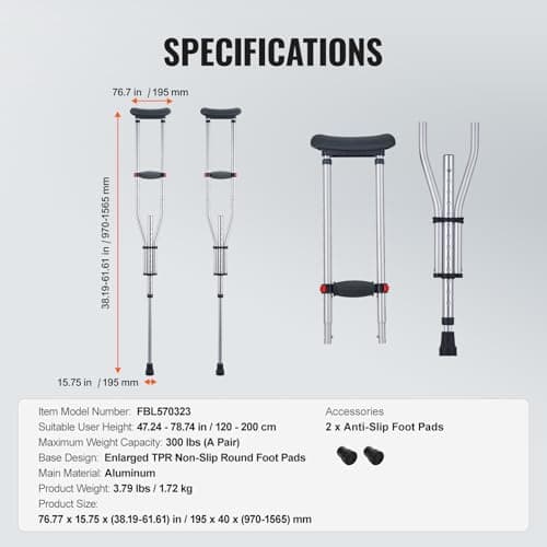 VEVOR Underarm Crutches, 13-Level Height Adjustable Underarm Walking Crutches, Lightweight Aluminum Crutches for Adults Teenager - with Soft Underarm Pad for Leg Injury Surgery Disabled, 1 Pair 300LBS 7