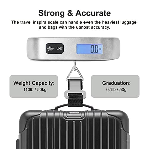 travel inspira Luggage Scale, Portable Digital Hanging Baggage Scale for Travel, Suitcase Weight Scale with Rubber Paint, 110 Pounds, Battery Included - Silver 5