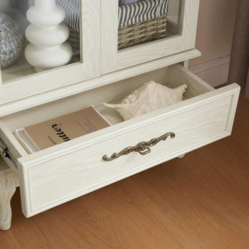 52" Lighted Accent Curio Cabinet, 3-Tier Antique Storage Cabinet with Tempered Glass Adjustable Shelves & Drawer, Acrylic Panel, Light Blub Included, China Display Case for Living Room (Antique White) 8