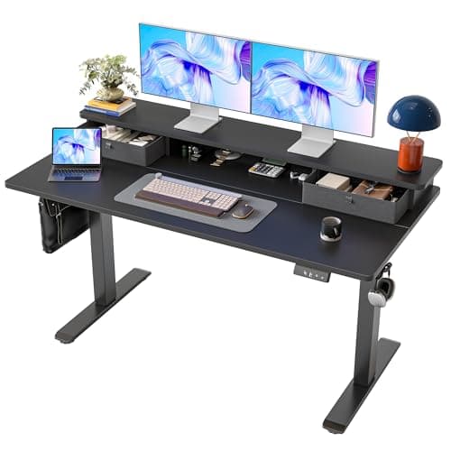 TIQLAB Standing Desk with Two Drawers, Stand Up Standing Desk Adjustable Height, Electric Sit Stand Table with Storage Shelf and Splice Board, 55 * 24 inch, Black