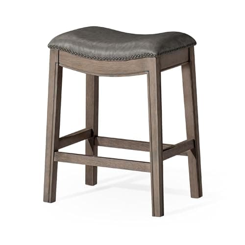 Maven Lane Adrien Backless Counter Stool – 26 Inches – Saddle Stool with Footrest – Grey Solid Wood Frame & Grey Faux Leather Upholstery – Perfect for Kitchen Islands & Counters
