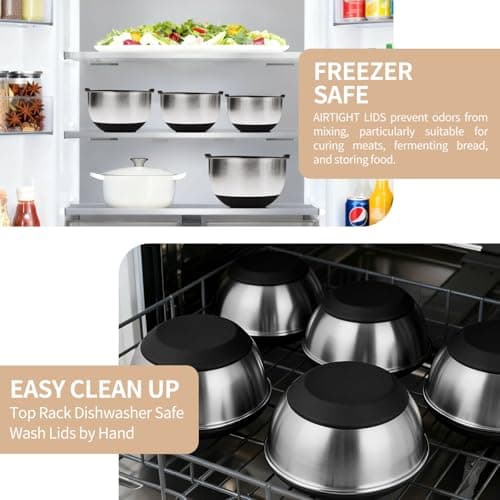 Deedro Premium Mixing Bowls with Airtight Lids Set, 22Pcs Thicker Stainless Steel Mixing Bowl Set, Large Prep Metal Bowls, Non-Slip Silicone Base Nesting Bowls for Kitchen, 1.5/2/3/4/5 QT, Black 8