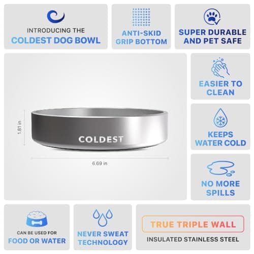 Coldest Dog Bowl - Anti Rust Metal, Non Slip, 3 Layers Insulated Stainless Steel Dog Bowls - Spill Proof & Heavy Duty - Water Bowl for Dogs, Cats, Dish Washer Safe (21 oz, Polished Stainless Steel) 5