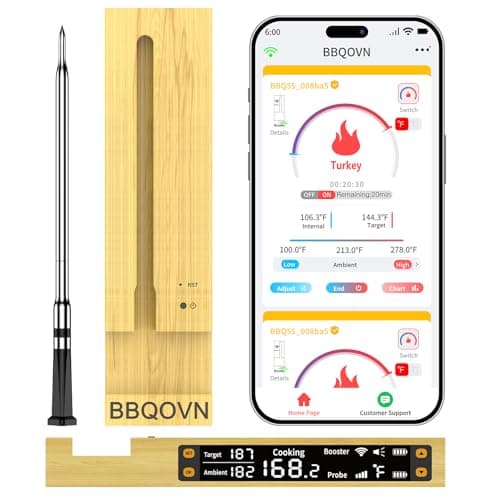 BBQOVN WiFi Sub-1G Wireless Meat Thermometer Unlimited Range, Check Temp Anywhere,7 NIST Certified Sensors with Ambient Temp, Monitor for BBQ, Grill, Oven, Smoker, Air Fryer (Black)