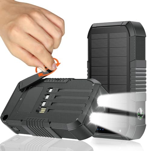 kigoker Solar Power Bank 66800mAh Built in Hand Crank and 4 Cables 22.5W Fast Charge,Camping Essentials/SOS/Strobe/Strong Flashlights,Compass Solar Portable Charger Power Bank (Black)