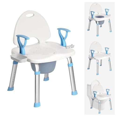 FlyingJoy 3-in-1 Shower Chair up to 450LBS with Removable Commode, Shower Beach Seat Raised Toilet Seat with Arms Backrest, Bathroom Chair for elderly Shower Safety Seat with Soap Dish and Shower Clip