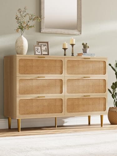 6 Drawer Dresser for Bedroom, Rattan Chest of Drawers with Deep Drawers, Large Modern Double Dresser for Closet with Wide Top, Horizontal Wooden Dresser for Living Room, Hallway, Kids Room, Natural