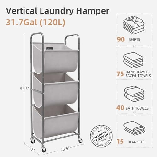 STORAGE MANIAC 120 Liters Vertical Rolling Laundry Hamper, 3 Section Laundry Sorter with Wheels and 2 Breaks, 3-tier Laundry Baskets for Small Space, Dorm, Laundry Room, Closet, Bathroom, Gray 3-tier 6