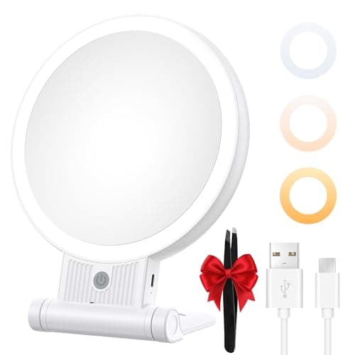 tubbede 1X/30X Lighted Makeup Mirror with Magnification, Double-Sided Switch, 3-Color Lights, 2000mAh Rechargeable, Adjustable Brightness, Swivel Makeup Mirror with Lights for Vanity or Wall Use