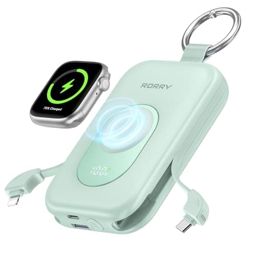 RORRY Portable Charger, 20000mAh PD 30W Portable Charger Power Bank with 2 Built-in Cables, Super Fast Charging Battery Pack with Keychain, Travel Essentials for iPhone, Apple Watch, iPad, Green