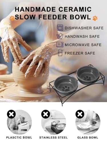 Y YHY Dog & Cat Food Bowls,12 OZ(1.5 Cup) Ceramic Raised Pet Bowls for Food and Water, Two Elevated Pet Dishes Bowls 2.75” Height Sturdy Metal Stand, Grey 5