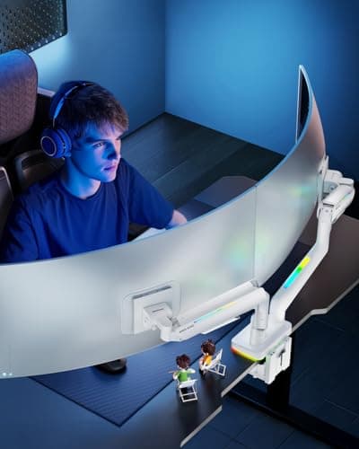 ARES WING Dual Monitor Mount for 17-35 Inch Ultrawide Heavy Duty Curved Screen, Computer Monitor Arm Desk Mount, Gas Spring Adjustable Dual Monitor Stand for Desk, White 8